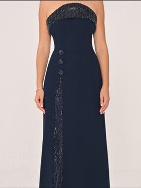 Navy Formal Gown with Sequin Front Panel